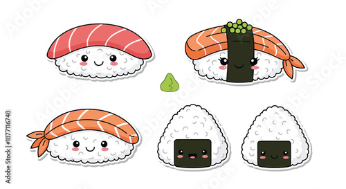 Adorable kawaii sushi and onigiri characters with cute smiling faces, including nigiri and rice balls, isolated on a white background.