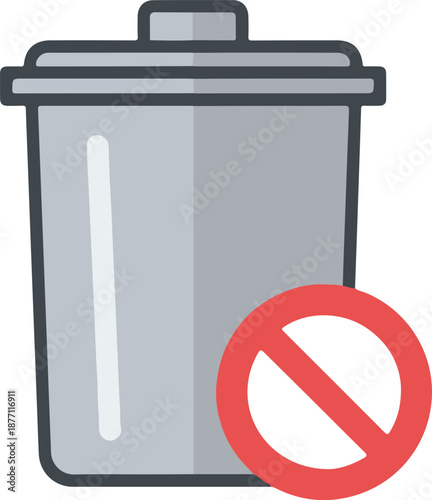 A gray trash bin icon with a red prohibition sign, representing zero waste, waste reduction, and the refusal of landfill disposal to protect the environment.