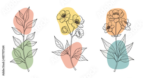 A modern set of three botanical art prints featuring hand-drawn flowers and leaves overlaid on abstract, colorful organic shapes.