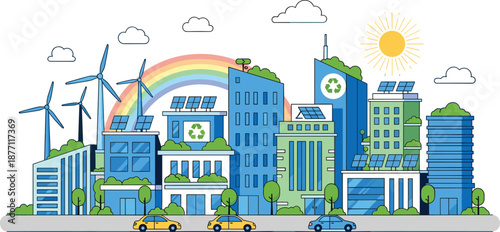 Eco friendly smart city illustration with renewable energy, solar panels, wind turbines, green buildings, recycling concept, sustainable urban development, clean transportation