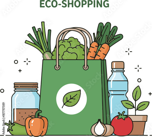 A detailed flat vector illustration titled "ECO-SHOPPING" featuring a green reusable bag filled with fresh vegetables, accompanied by a glass jar, a tomato, and a potted seedling.