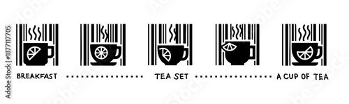 A set of cups of tea and coffee for breakfast with a slice of lemon similar to a QR code barcode code