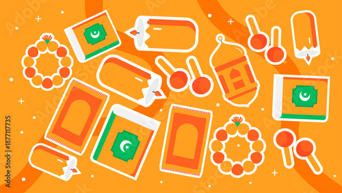 Vibrant orange pattern featuring the holy Quran and prayer mats for spiritual devotion