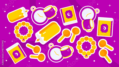 Vibrant pattern featuring Quran books prayer beads and percussion on purple background