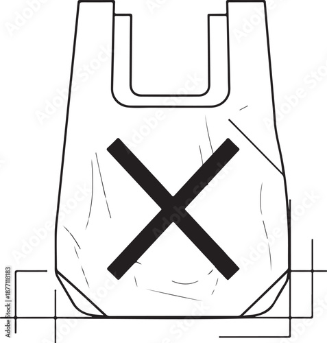 A minimalist line icon of a plastic shopping bag marked with a bold black "X". This graphic symbolizes a ban on single-use plastic bags to promote environmental sustainability.