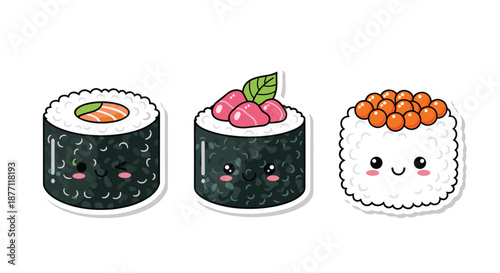 A cute trio of kawaii sushi roll stickers, including maki with salmon, tuna, and tobiko, each with a sweet, happy face.