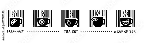 A set of cups of tea and coffee for breakfast with a slice of lemon similar to a QR code barcode code