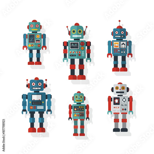 Set of Retro Robots Vintage Robot Collection Nostalgic Androids.