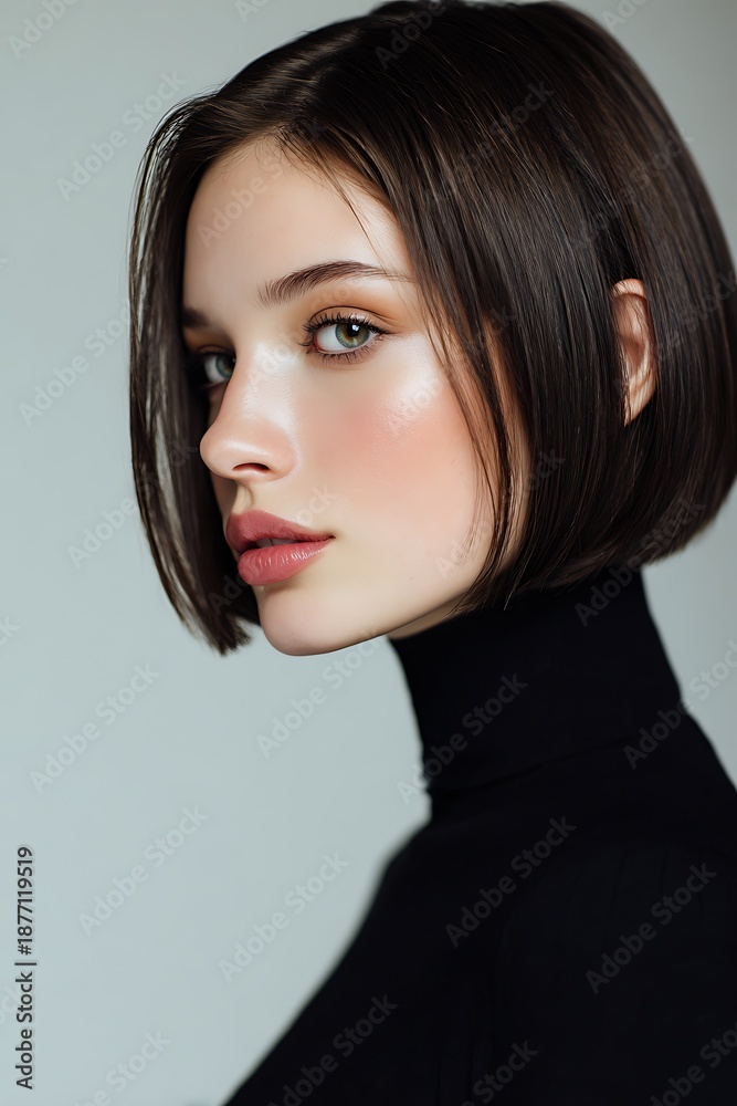 Naklejka premium Modern bob haircut, minimal fashion editorial, clean studio lighting