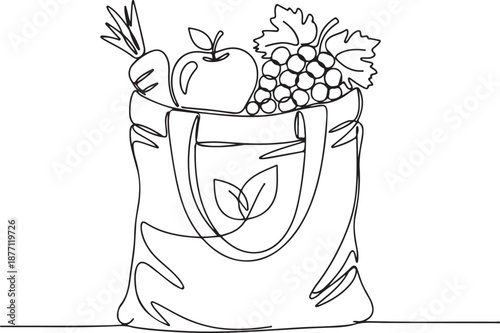 A minimalist, continuous line drawing of a reusable tote bag featuring a leaf logo and filled with fresh produce like grapes, an apple, and a carrot, promoting eco-friendly shopping.