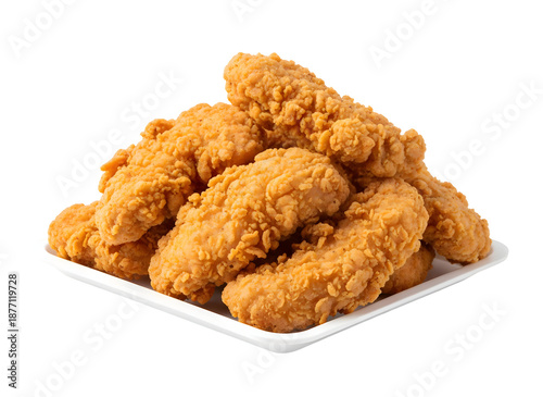 Pile of crispy fried chicken tenders on white tray isolated concept