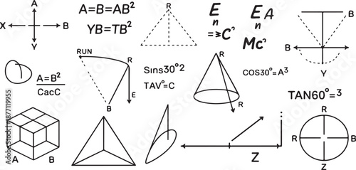 Mathematical formulas geometric shapes and graphs hand drawn on transparent background for education