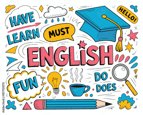 English language learning concept with educational doodles and academic symbols like graduation cap and pencil