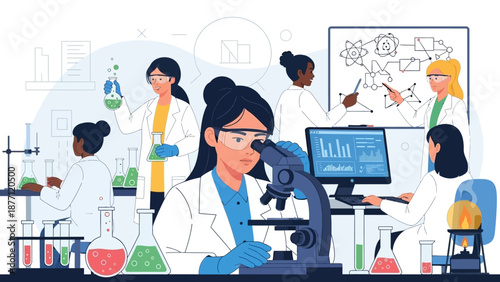 Diverse group of women scientists conducting experiments and research in a modern laboratory environment, focusing on various scientific tasks.
