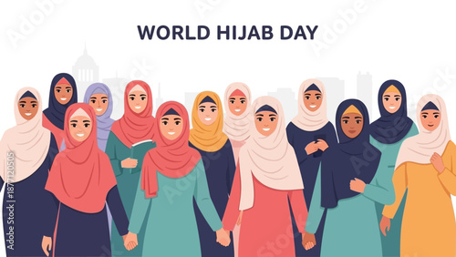 A diverse group of smiling women wearing various colored hijabs standing together to celebrate World Hijab Day, with a subtle city background.