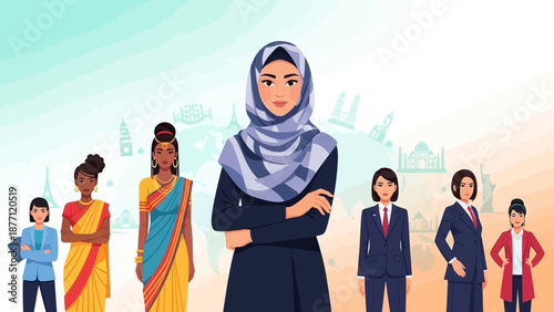 A diverse group of empowered women from various cultures and professions standing together, symbolizing global unity and female strength.