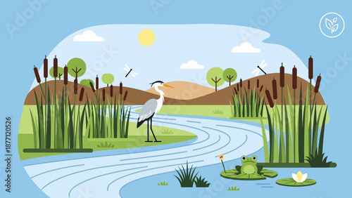 A vibrant illustration of a wetland ecosystem featuring a heron, a frog on a lily pad, a winding river, and lush cattails under a sunny sky.