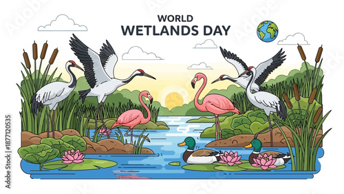 Vibrant illustration of World Wetlands Day featuring diverse birds like cranes, flamingos, and ducks in a lush natural habitat with water and reeds.