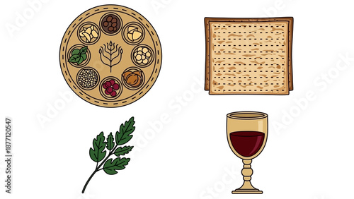 Illustration of Jewish Passover Seder plate, Torah scroll, wine glass, and parsley on white background
