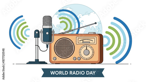 Illustration celebrating World Radio Day with a vintage radio, a microphone, and radio waves around a globe.