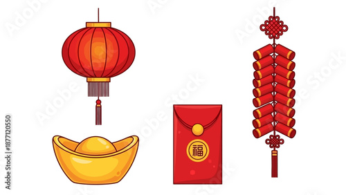 Celebratory Chinese New Year elements including lanterns, gold ingots, and red envelopes arranged in a festive display from a straightforward viewpoint