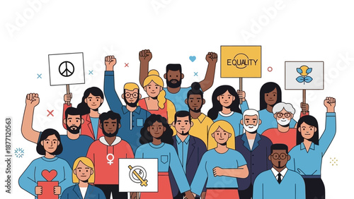 Diverse group of people with raised fists and protest signs advocating for peace, equality, and social justice.