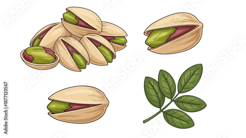 Illustration of pistachios and leaves on a clean background from a straightforward viewpoint
