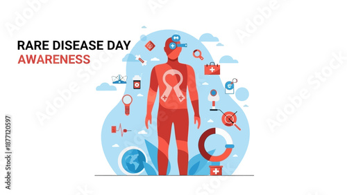 Illustration for Rare Disease Day awareness, showing a human body with a ribbon symbol and surrounding medical research icons, promoting health and understanding.