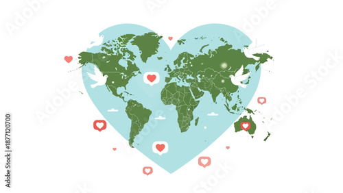 A heart-shaped world map symbolizing global love, peace, unity, and environmental care with doves and heart icons.