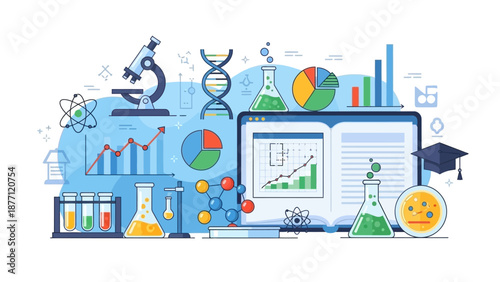 A comprehensive illustration of scientific research, data analysis, and education, featuring laboratory equipment, genetic symbols, and various statistical charts on a digital screen.