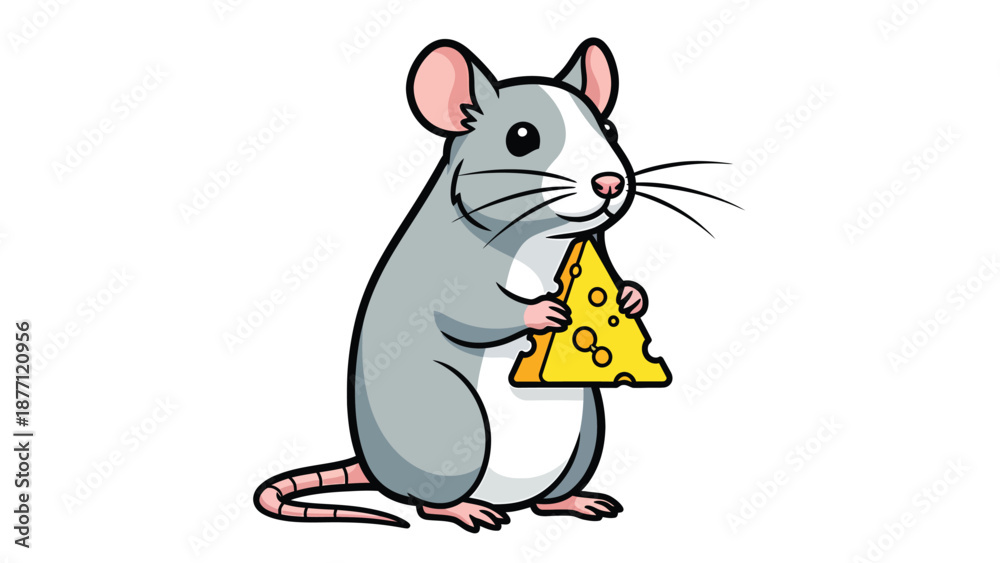 Obraz premium Cute cartoon mouse holding a slice of yellow cheese. Adorable rodent character with food, isolated on white.