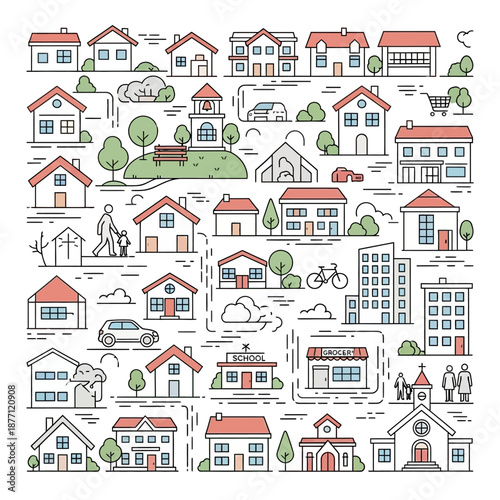 Seamless Line Art Pattern of Houses, Town Buildings, and Neighborhood Infrastructure. Urban Community Icon Set Illustration.