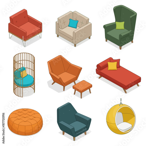 Collection of modern furniture pieces including armchairs, sofa, and pouf in various colors and designs