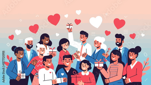 Diverse group of happy people exchanging gifts and showing appreciation with hearts floating in the background, symbolizing generosity and community.