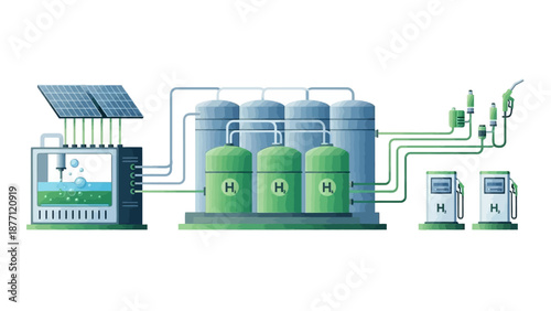 Solar powered hydrogen production system with storage tanks and fuel cell technology