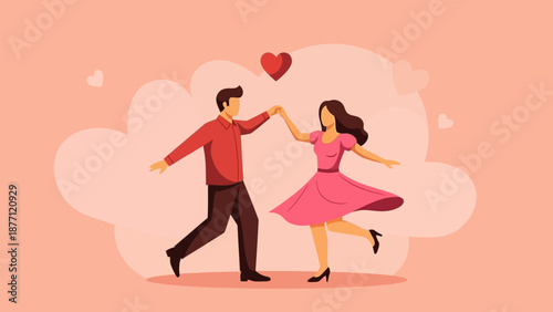 A happy couple dancing together with hearts floating around them, celebrating love and romance in a joyful moment.