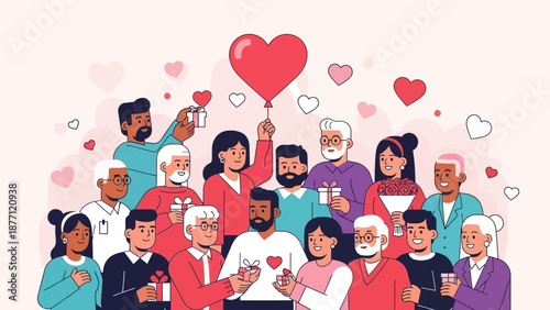 Diverse group of people celebrating love and community, sharing hearts and gifts in a joyful gathering.