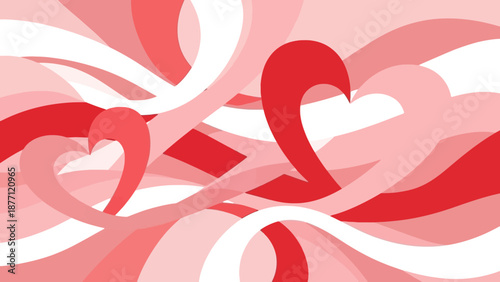 Abstract background with swirling red and pink lines, curves, and heart shapes, creating a romantic and decorative design.
