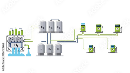 Industrial hydrogen storage system illustration showing complex network of tanks and pipes