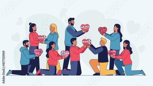 Diverse group of people exchanging heart-shaped gifts, symbolizing love, sharing, and community spirit.