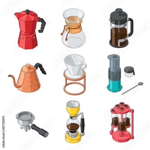 Collection of coffee makers and brewing equipment displayed in a grid layout