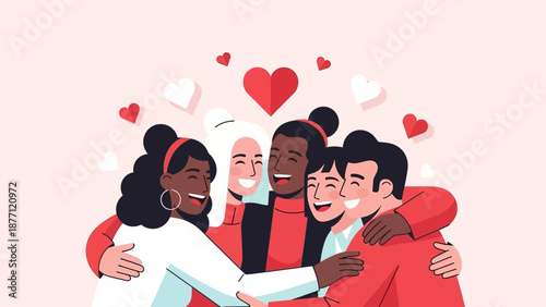 Diverse group of happy friends embracing each other with hearts floating around, symbolizing love, unity, and community.