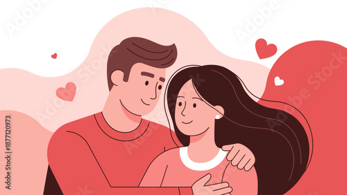 A loving couple embracing with hearts in a romantic flat illustration style.