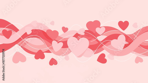 Abstract background with flowing pink and red wavy lines and scattered heart shapes, symbolizing love and romance.