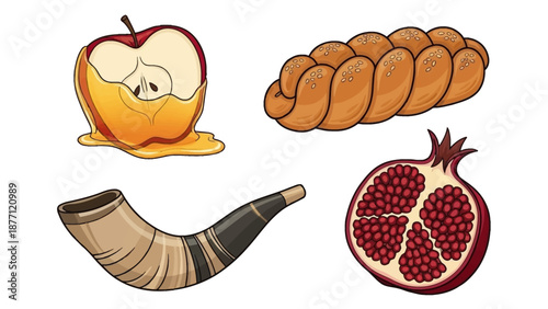 Illustration of traditional Jewish symbols including apple, challah bread, shofar, and pomegranate on a clean white background
