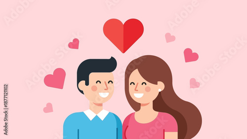 A happy cartoon couple smiling with a large red heart above them, surrounded by smaller hearts on a pink background, symbolizing love and affection.