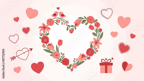 Romantic illustration featuring a large heart-shaped floral arrangement of roses and tulips, surrounded by smaller hearts, lovebirds, and a present, on a gentle pink background.
