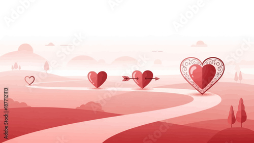 A stylized red and white landscape with a winding path leading to progressively larger and more ornate hearts, symbolizing love's journey.