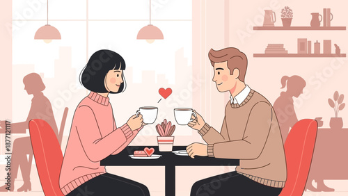 An illustration of a young couple on a romantic date in a cozy cafe, enjoying coffee and conversation.
