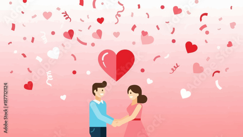 A loving couple holding hands under a shower of hearts and confetti, symbolizing romance and celebration.